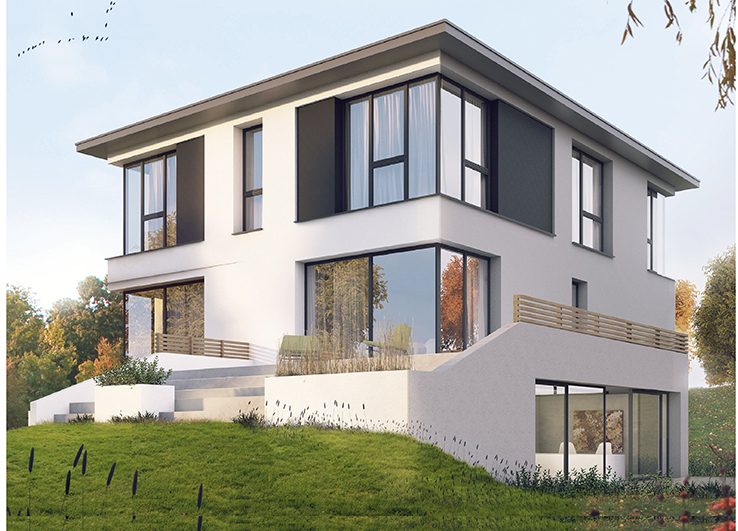 Visualisierung einer weißen Stadtvilla mit Terrassen am Hang