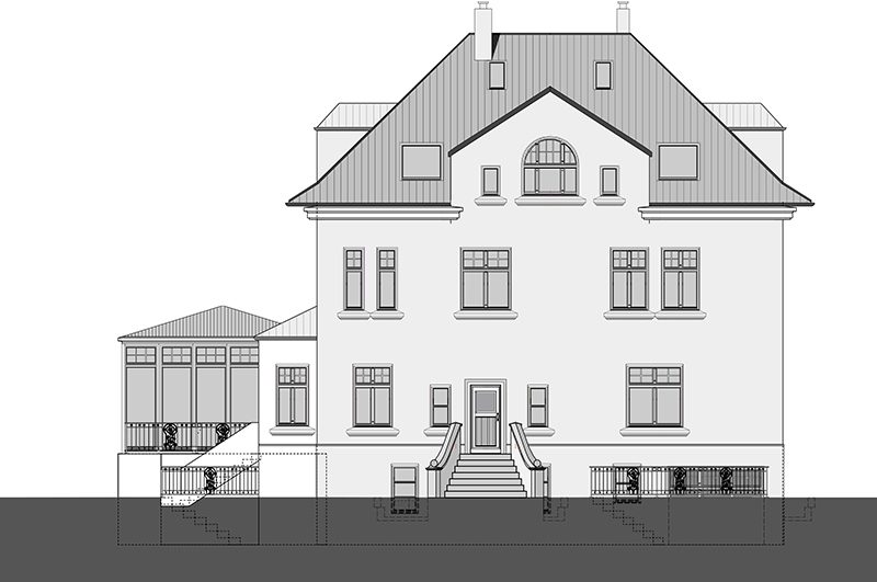 Ansichtszeichnung der Stadtvilla mit Wintergarten