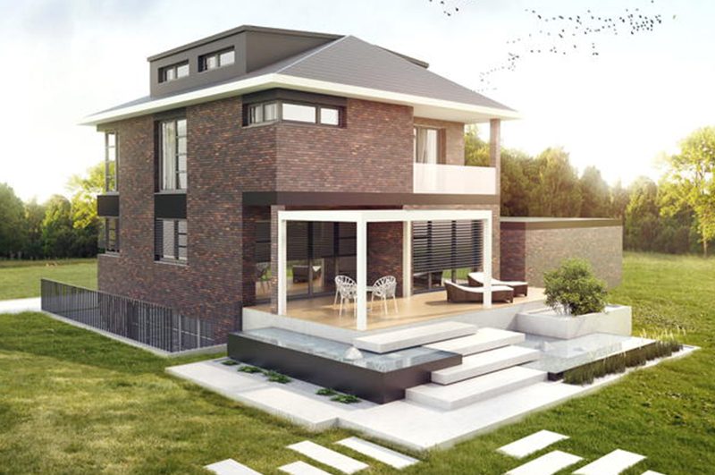 Visualisierung einer Stadtvilla mit Klinkerfassade und Terrasse
